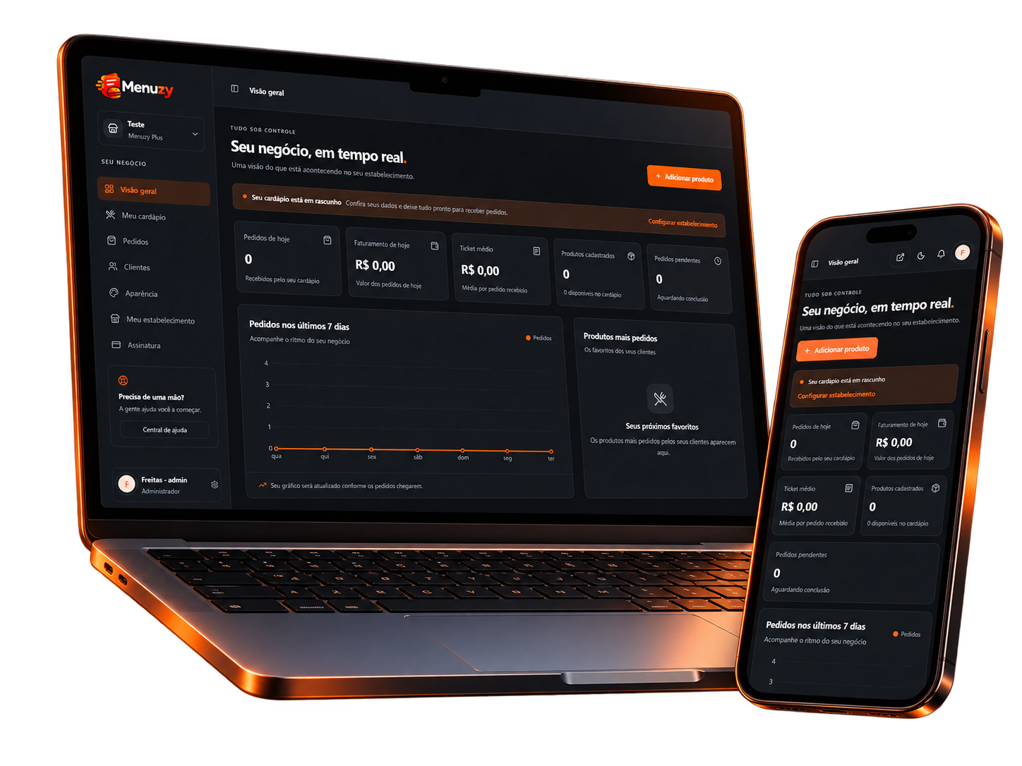 Dashboard Menuzy em um notebook e um smartphone, com pedidos e indicadores do negócio.